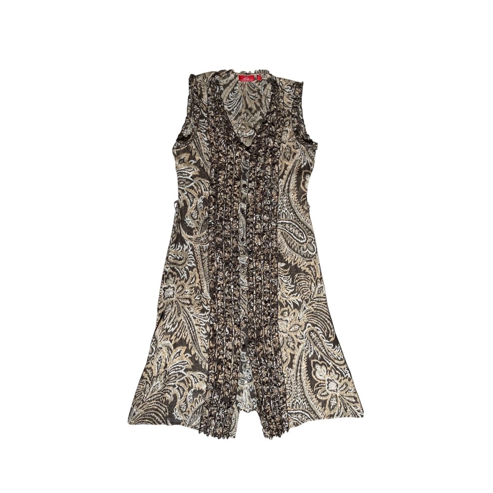 Oscar by Oscar de la Renta Paisley Ruffle Sleeveless Midi Dress Brown Beige M